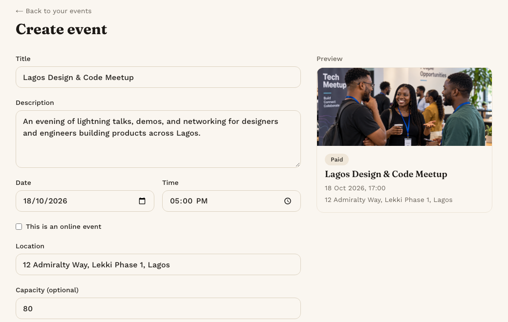 Create your event screen in Reeve